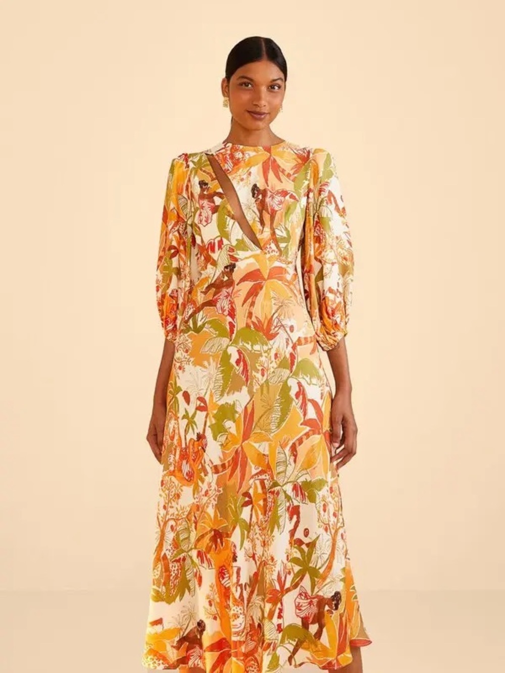 Farm Rio Leopard Forest Sand Dress Midi 3/4 Sleeves Cutout Tropical Printed